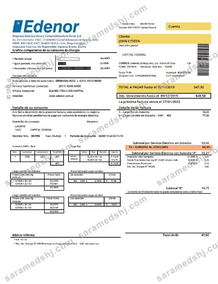 Argentina Edenor easy to fill utility bill template in Word (.doc) and PDF (.pdf) format